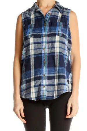 Blue Plaid Sleeveless Shirt