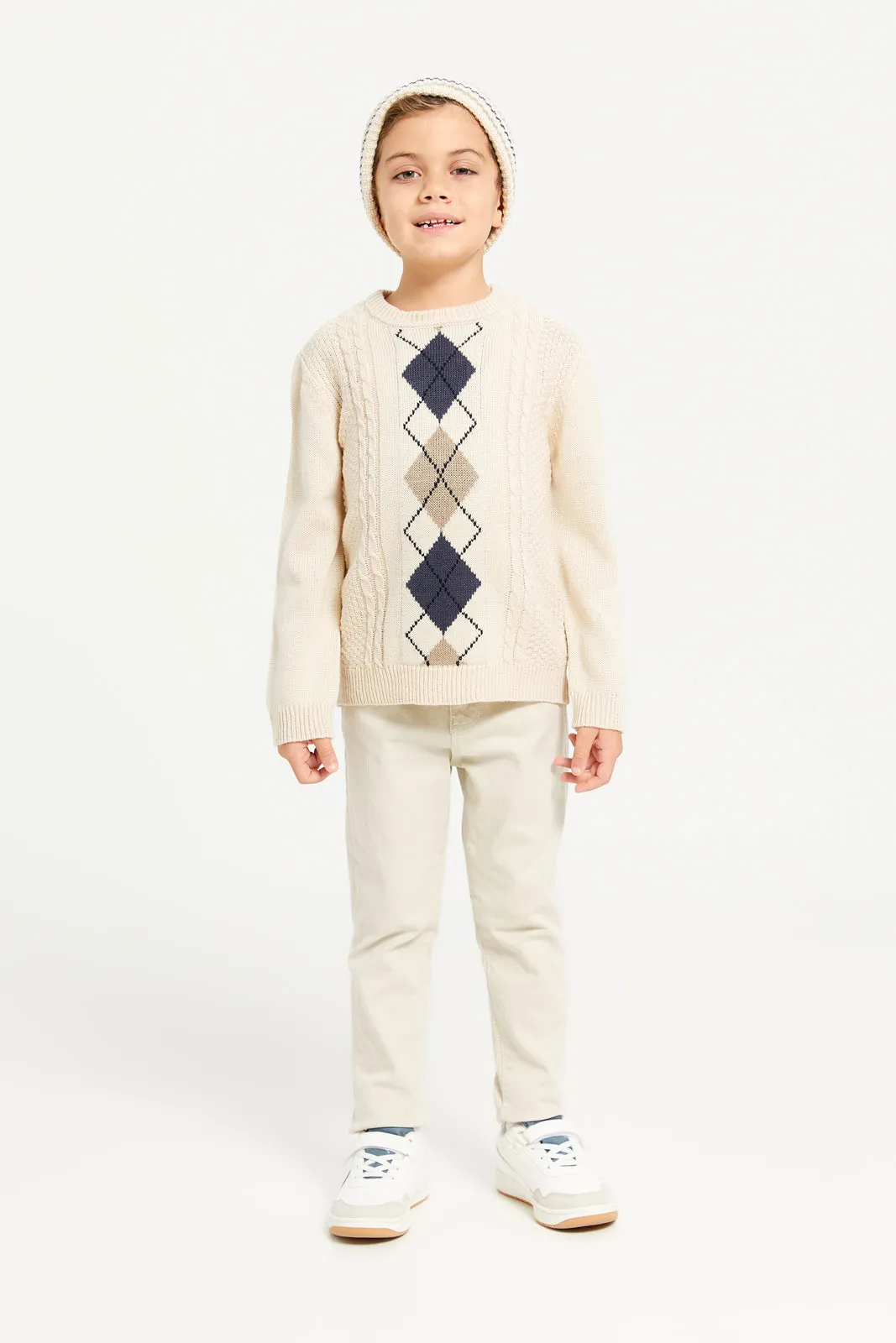 Boys  Beige Pullover With Hat (2 Piece)