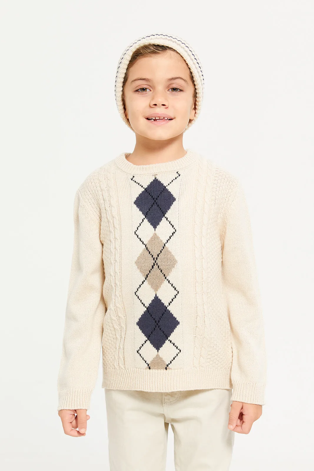 Boys  Beige Pullover With Hat (2 Piece)