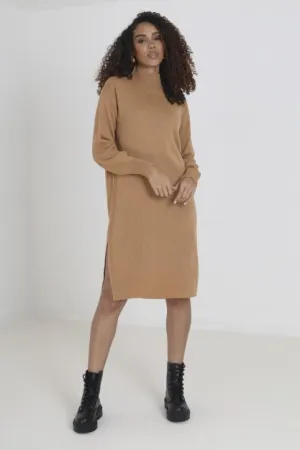 CAMEL SIDE SPLIT DETAIL JERSEY KNIT JUMPER DRESS