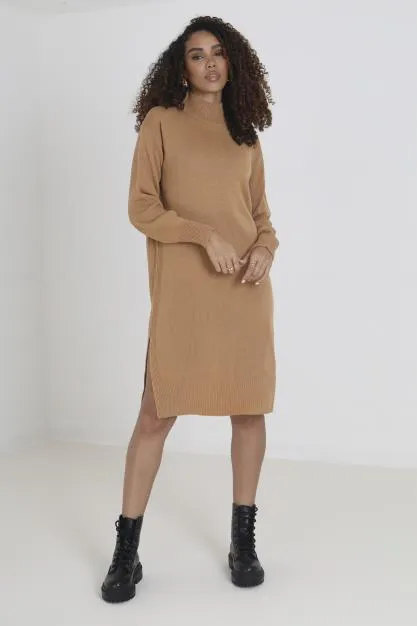 CAMEL SIDE SPLIT DETAIL JERSEY KNIT JUMPER DRESS