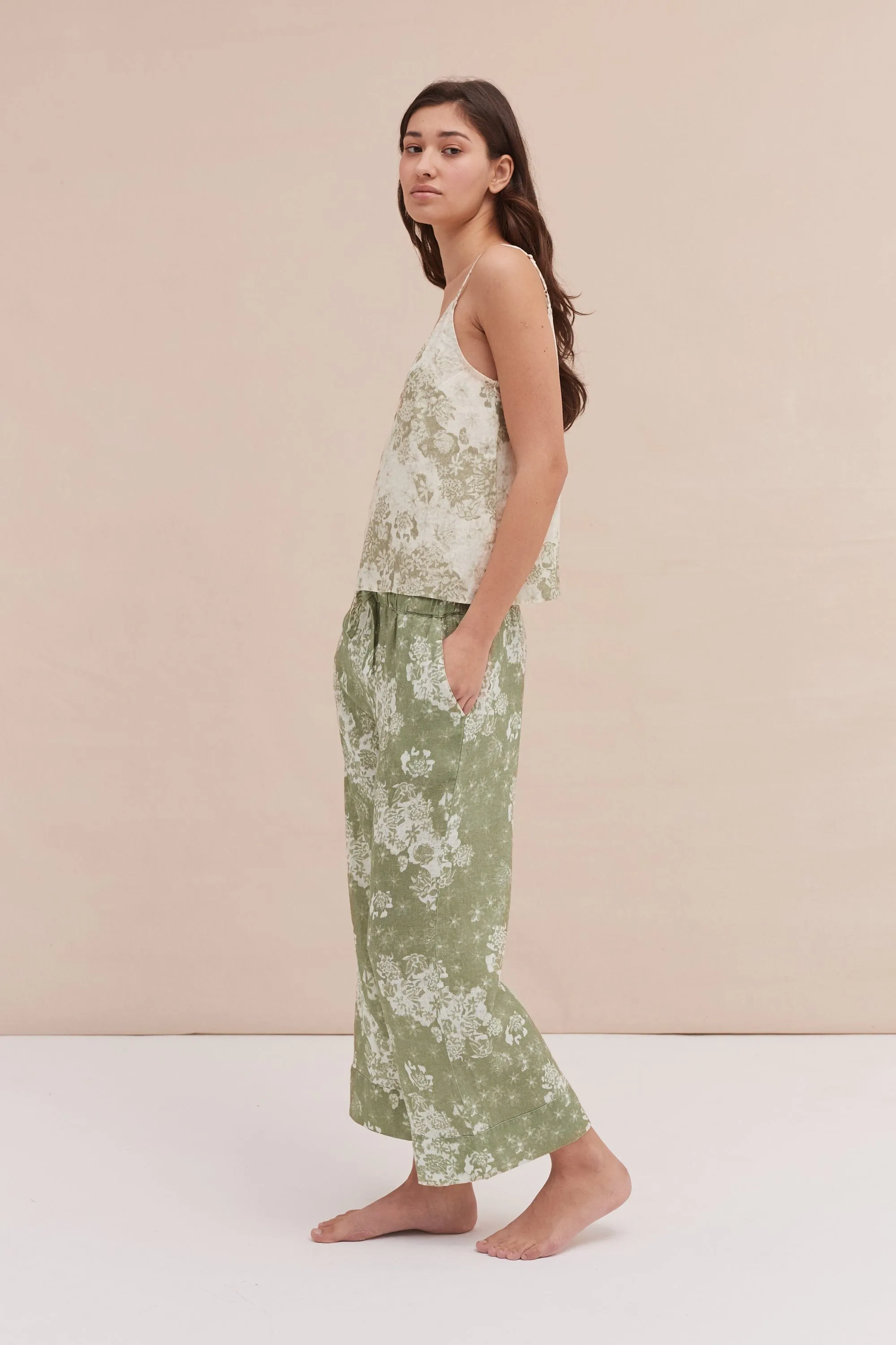 Cami & Wide Leg Set Flowers Of Time Print Sage/Green Linen