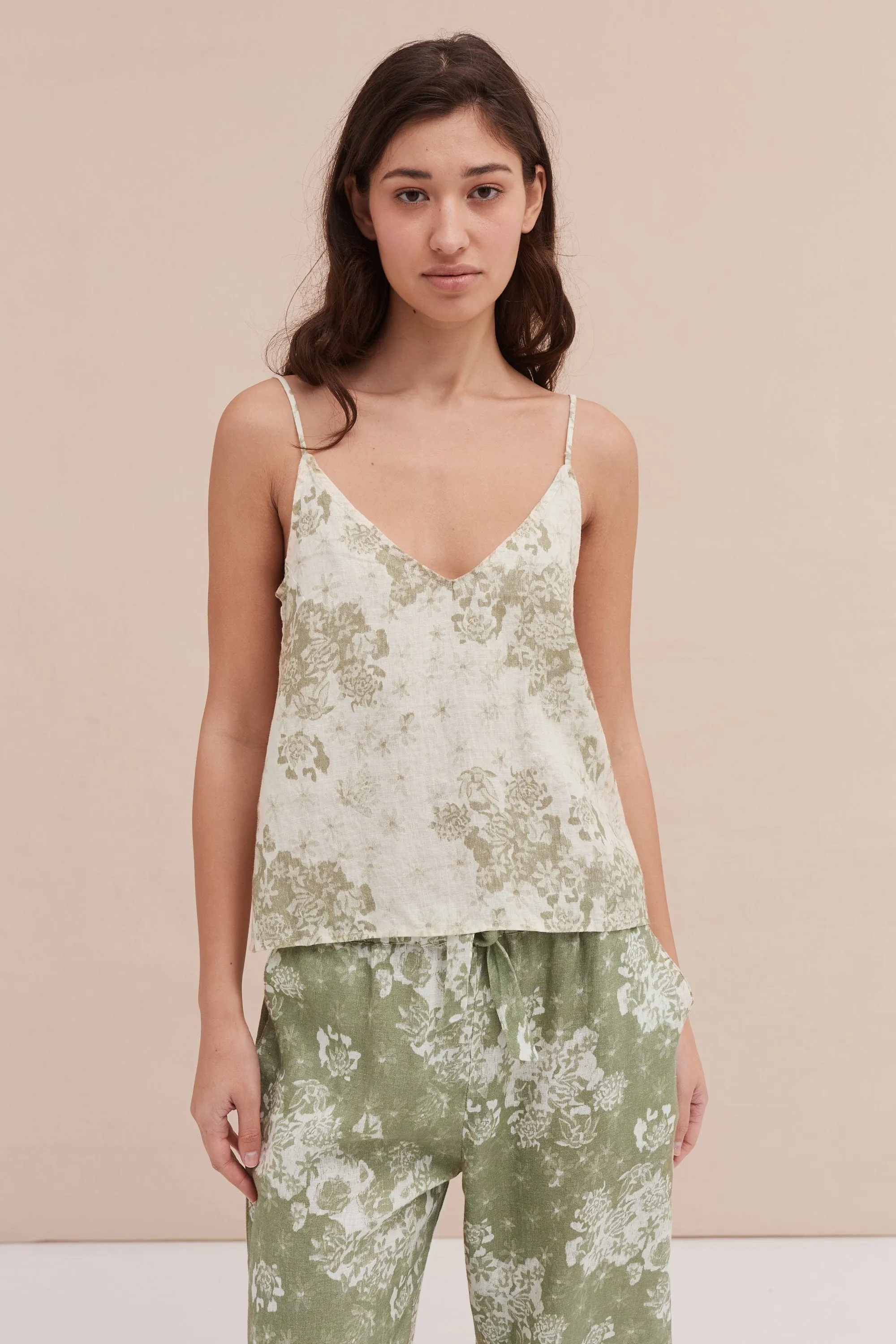 Cami & Wide Leg Set Flowers Of Time Print Sage/Green Linen