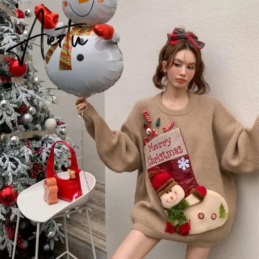 Christmas Red Loose Sweaters Mujer  Autumn New Thicked Warm Knitted Pullovers Y2k Long Sleeve Lazy Tops Women New Year