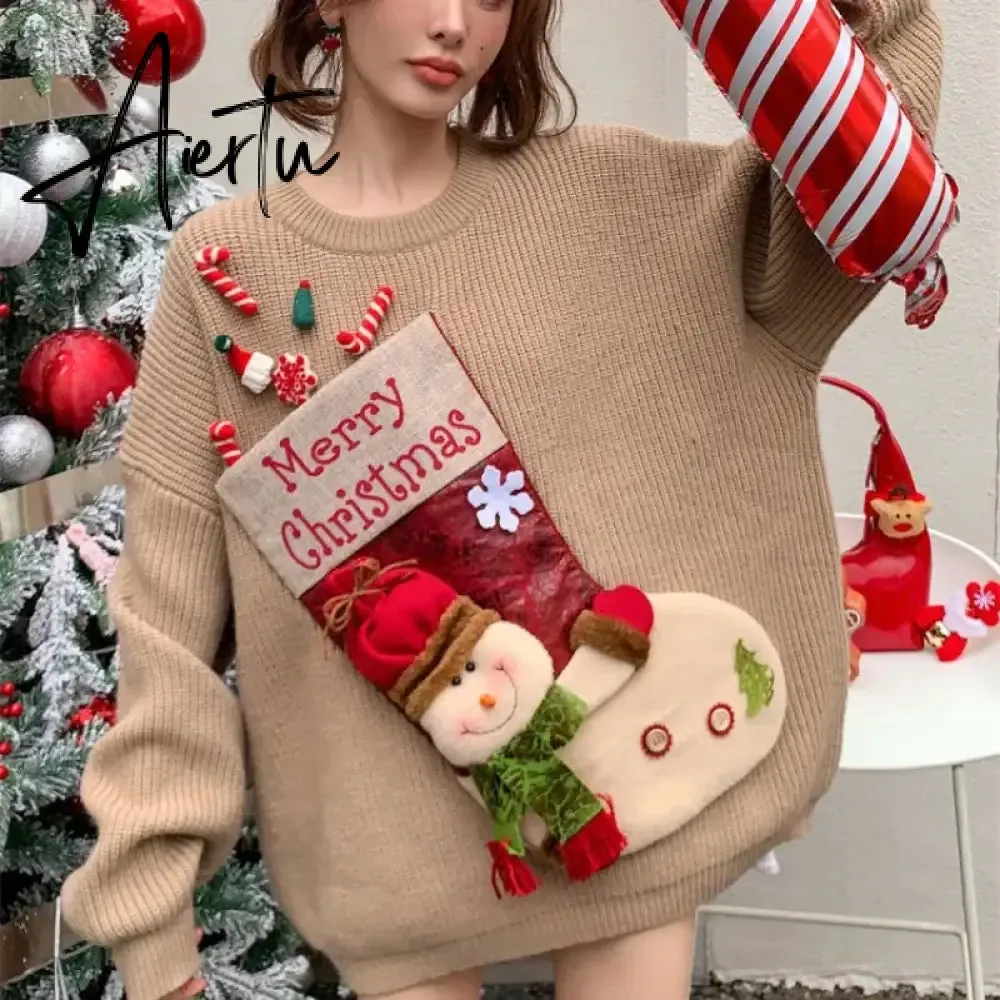 Christmas Red Loose Sweaters Mujer  Autumn New Thicked Warm Knitted Pullovers Y2k Long Sleeve Lazy Tops Women New Year