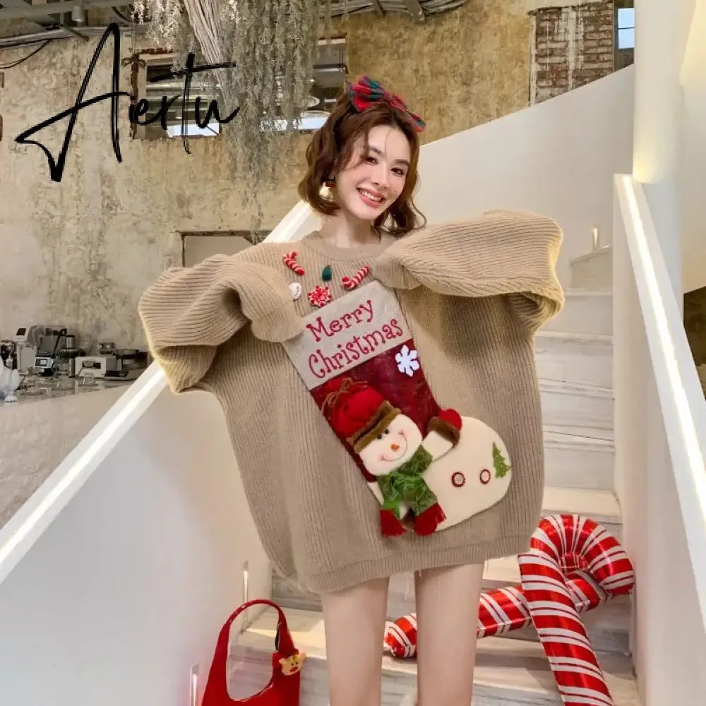 Christmas Red Loose Sweaters Mujer  Autumn New Thicked Warm Knitted Pullovers Y2k Long Sleeve Lazy Tops Women New Year