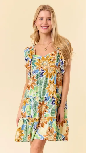 Daisy Print Flutter Sleeve Dress