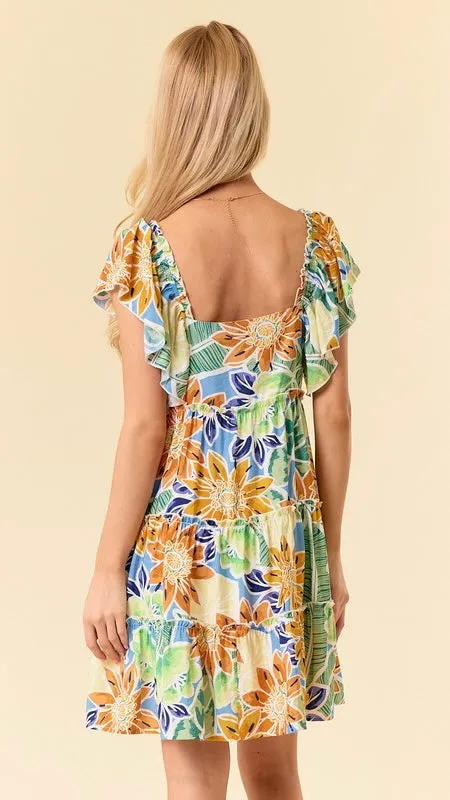 Daisy Print Flutter Sleeve Dress