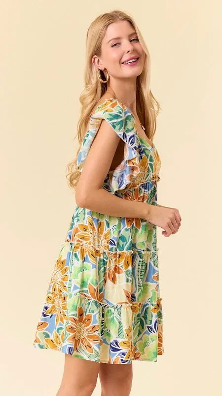 Daisy Print Flutter Sleeve Dress