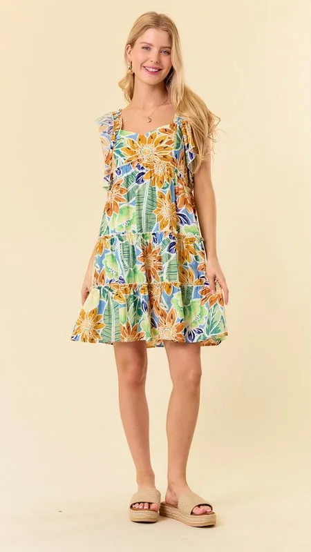 Daisy Print Flutter Sleeve Dress