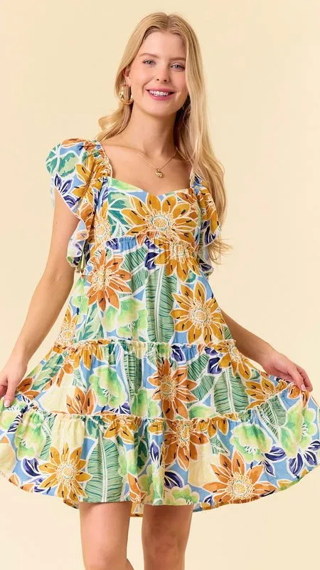 Daisy Print Flutter Sleeve Dress