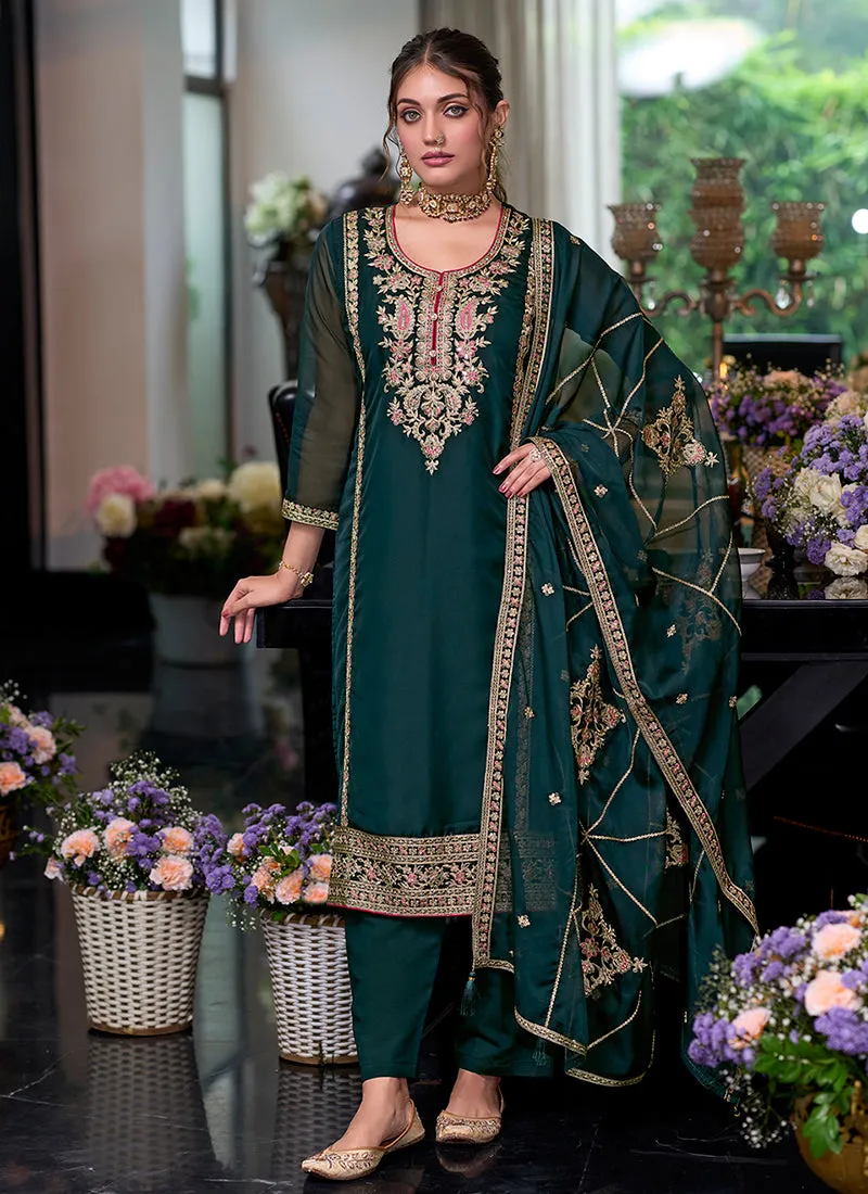 Dark Green Traditional Embroidery Pakistani Pant Suit