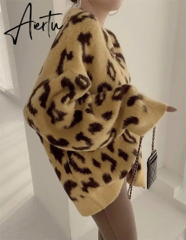 FANIECES Leopard Print Oversized Sweater Pullovers Autumn Loose Batwing Sleeve O-Neck Warm Jumper Casual Streetwear Pull Femme