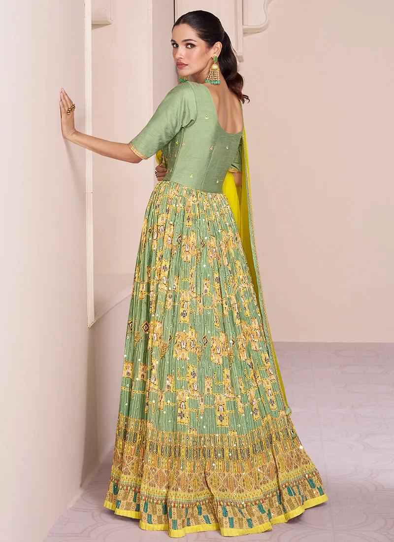 Green And Yellow Multi Embroidery Printed Wedding Anarkali Suit