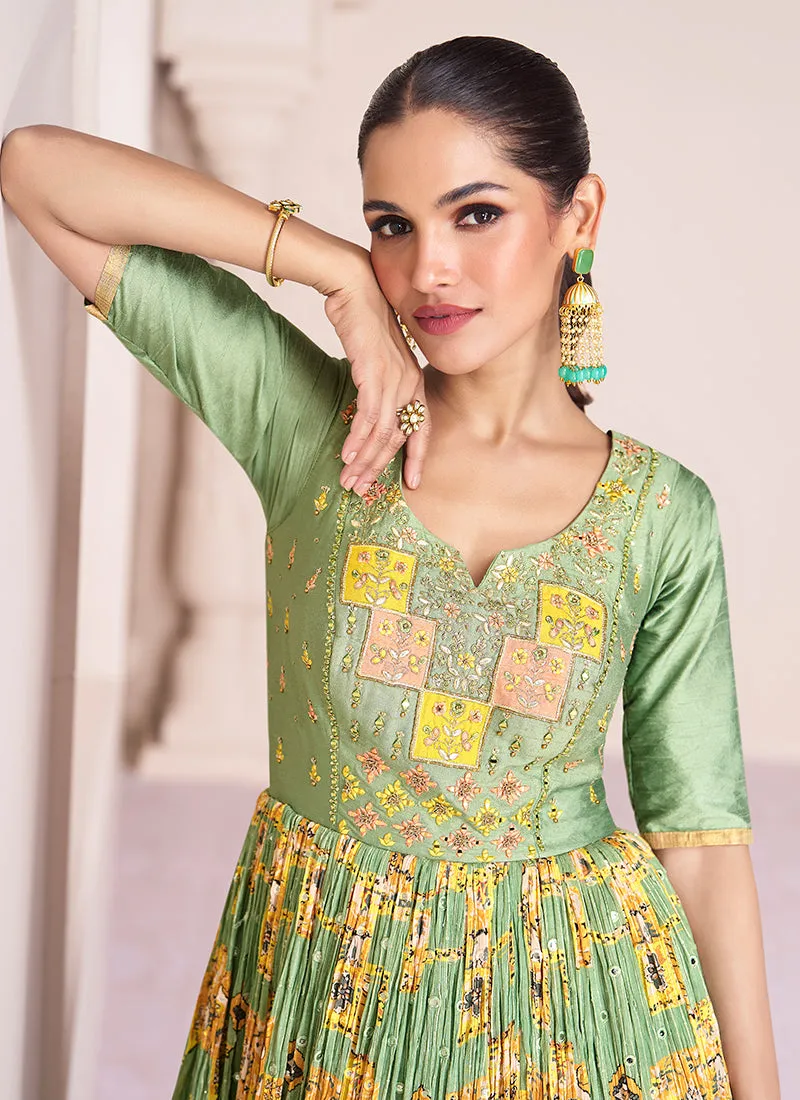 Green And Yellow Multi Embroidery Printed Wedding Anarkali Suit