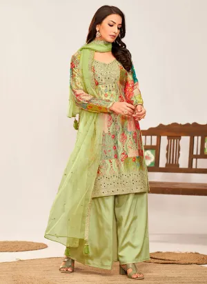 Green Multicoloured Embroidery Palazzo Style Suit