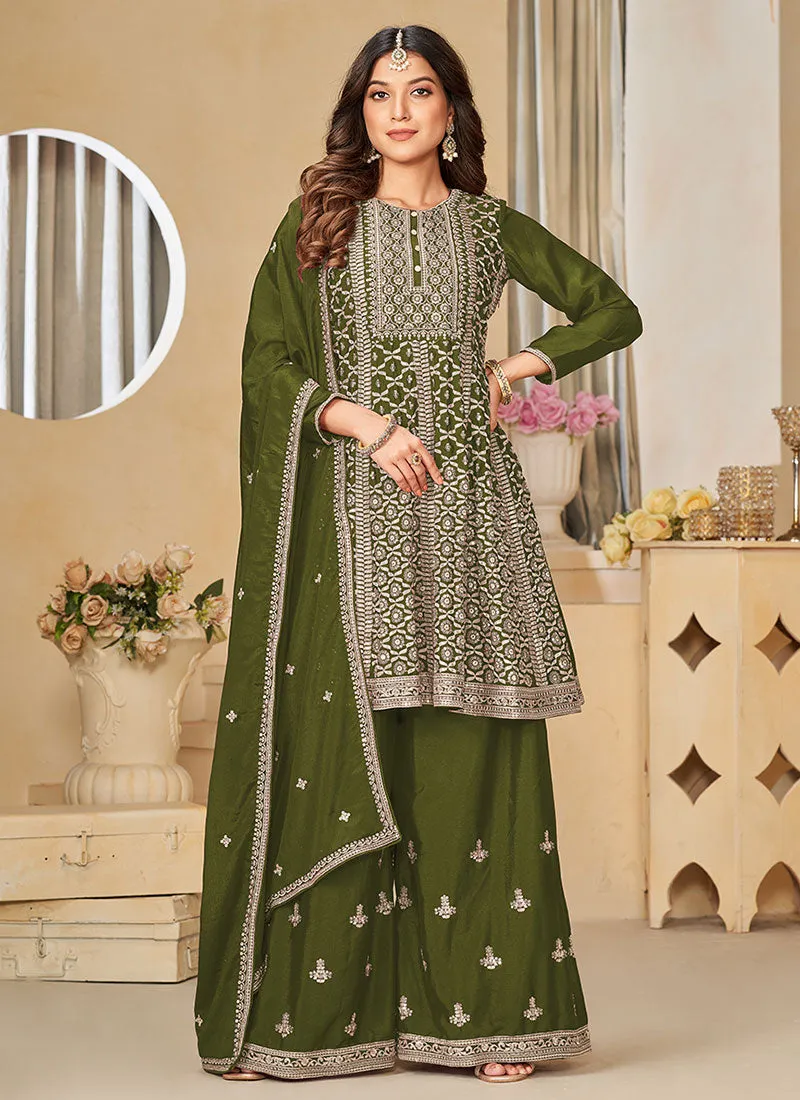 Green Reshamkari Embroidery Festive Palazzo Suit