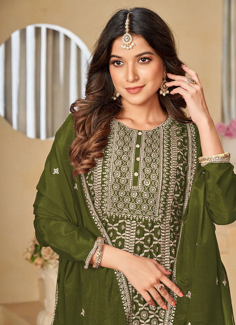 Green Reshamkari Embroidery Festive Palazzo Suit