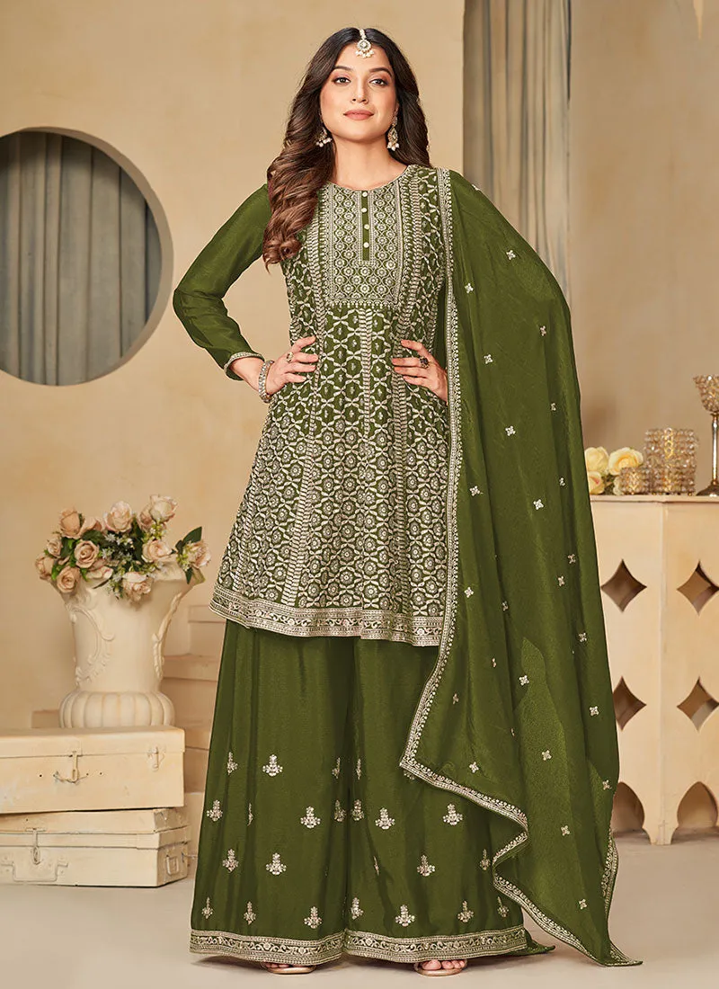 Green Reshamkari Embroidery Festive Palazzo Suit