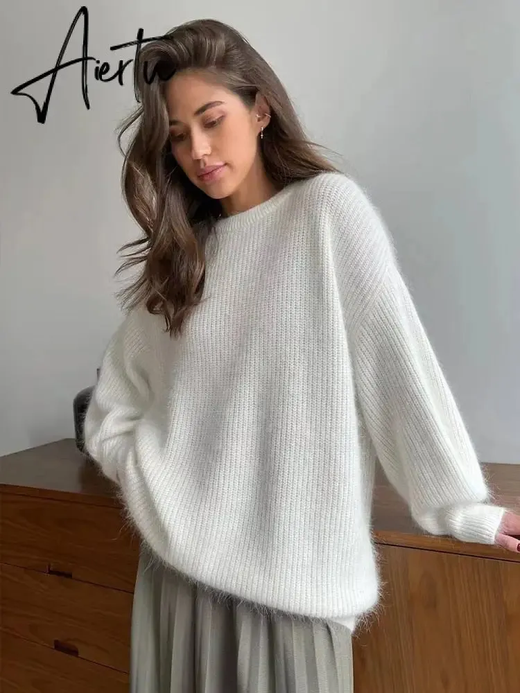 Hirsionsan Soft Warm Knitted Cashmere Sweaters Women  New Winter Loose Solid Female Pullovers Basic Knitwear Jumper  12color