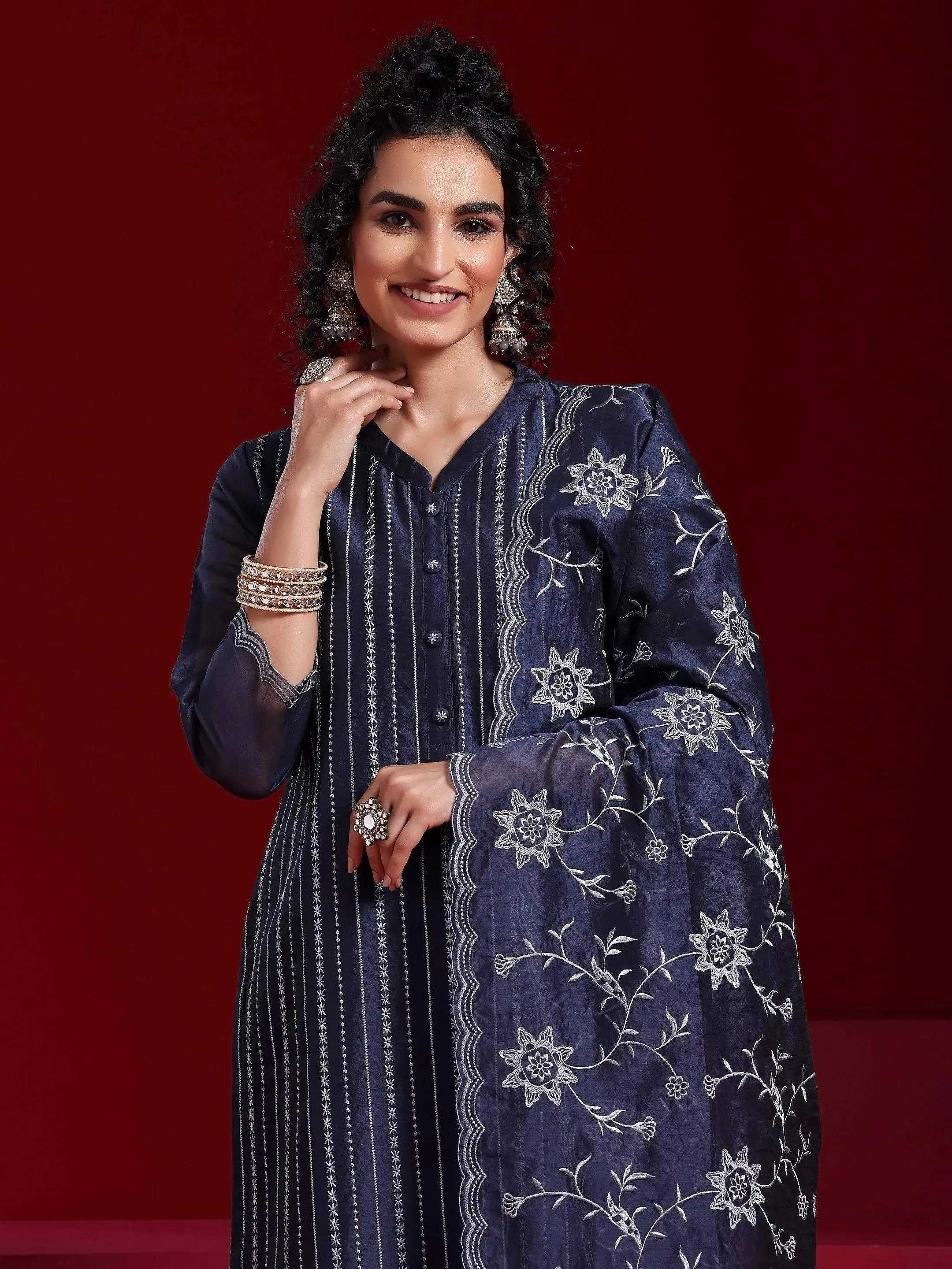 Jashvi Art Blue Embroidered Chanderi Silk Straight Suit With Dupatta