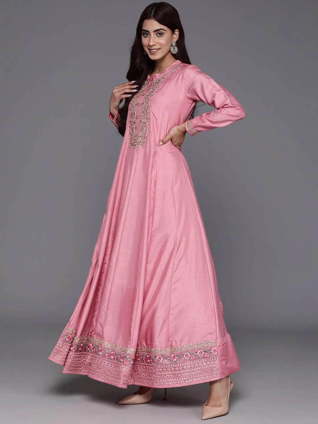 Jashvi Art Pink Yoke Design Silk Anarkali Suit With Dupatta