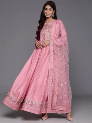 Jashvi Art Pink Yoke Design Silk Anarkali Suit With Dupatta