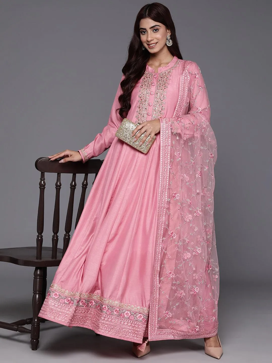 Jashvi Art Pink Yoke Design Silk Anarkali Suit With Dupatta