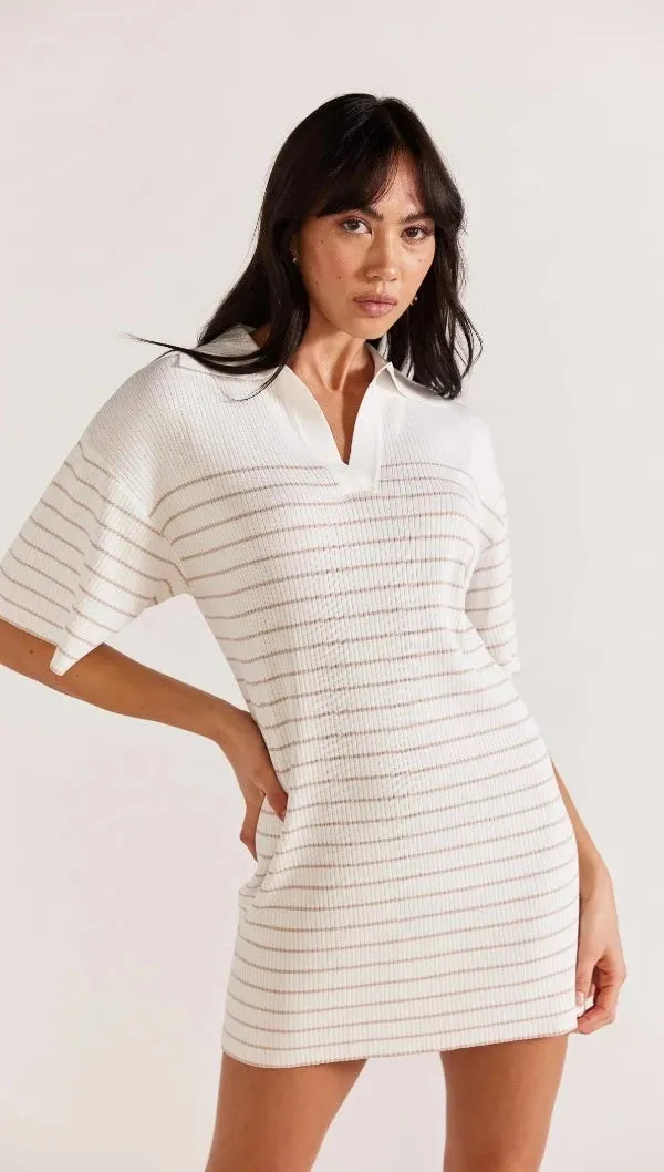 Kiana Stripe Knit Polo Dress White