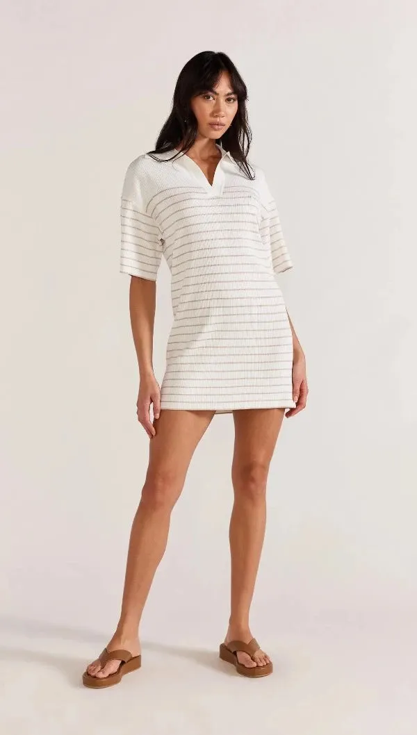 Kiana Stripe Knit Polo Dress White