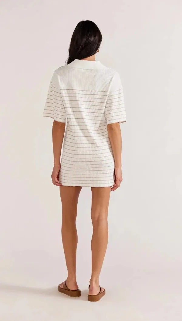 Kiana Stripe Knit Polo Dress White