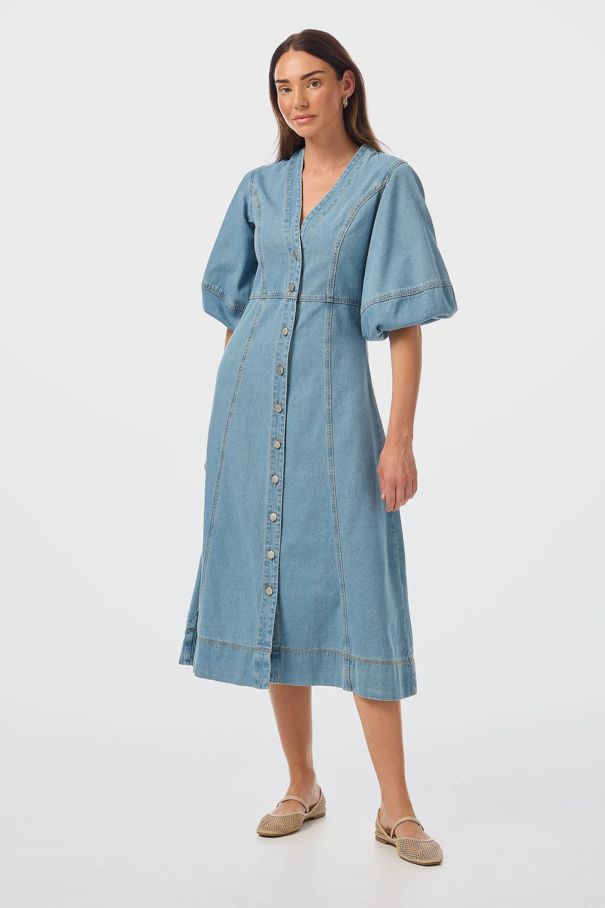 Lantern Sleeve Midi Dress - Mid Blue Wash