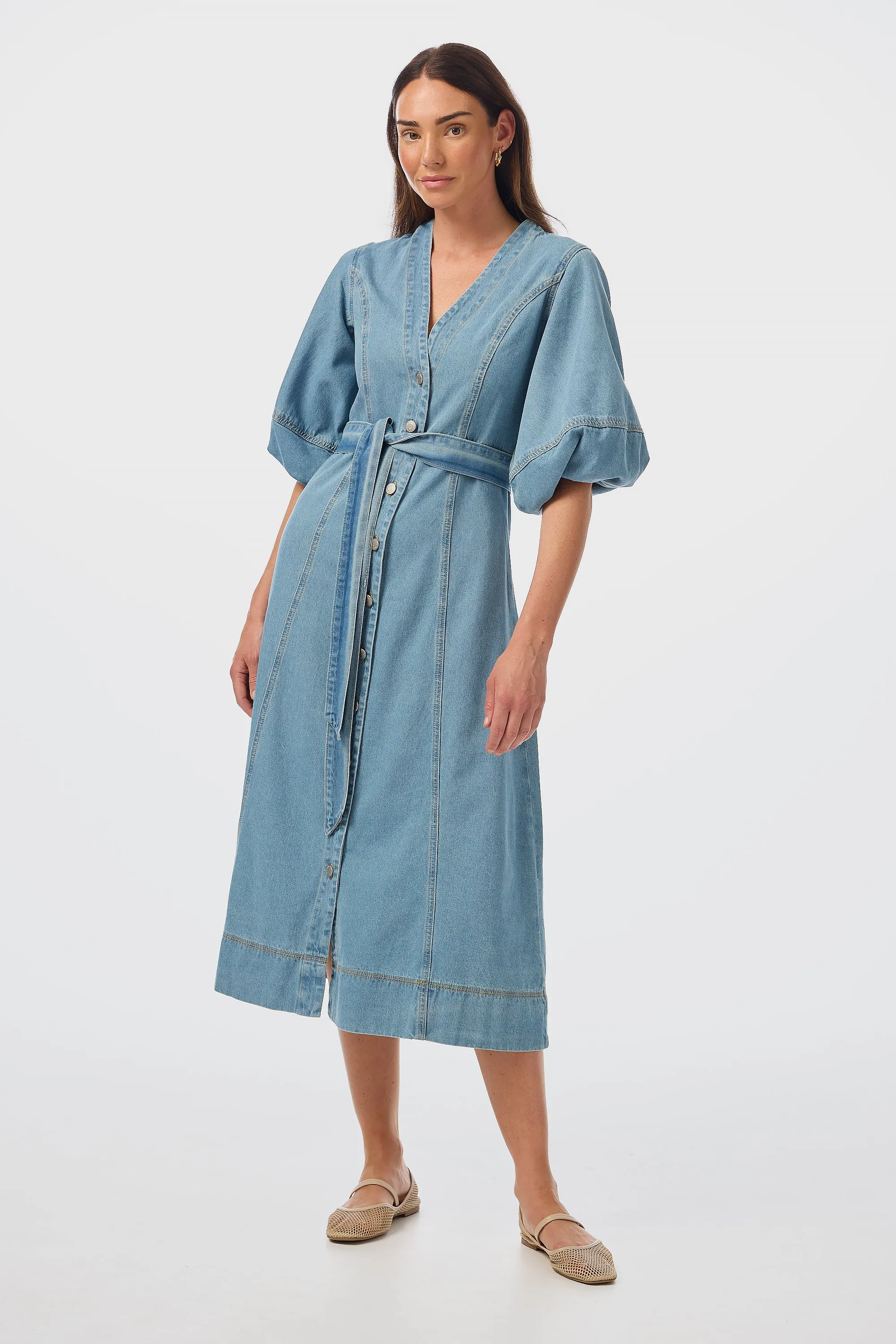 Lantern Sleeve Midi Dress - Mid Blue Wash