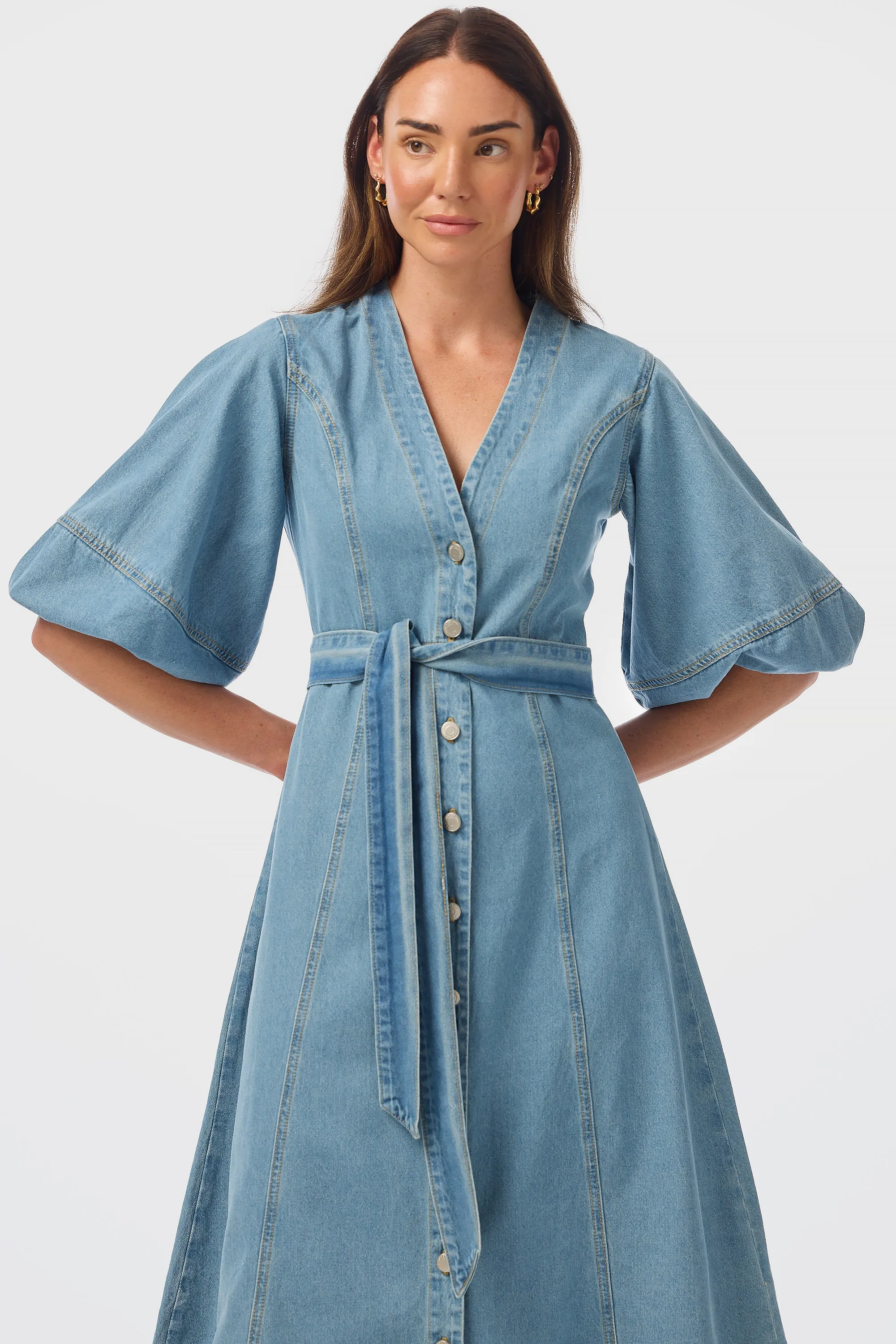 Lantern Sleeve Midi Dress - Mid Blue Wash