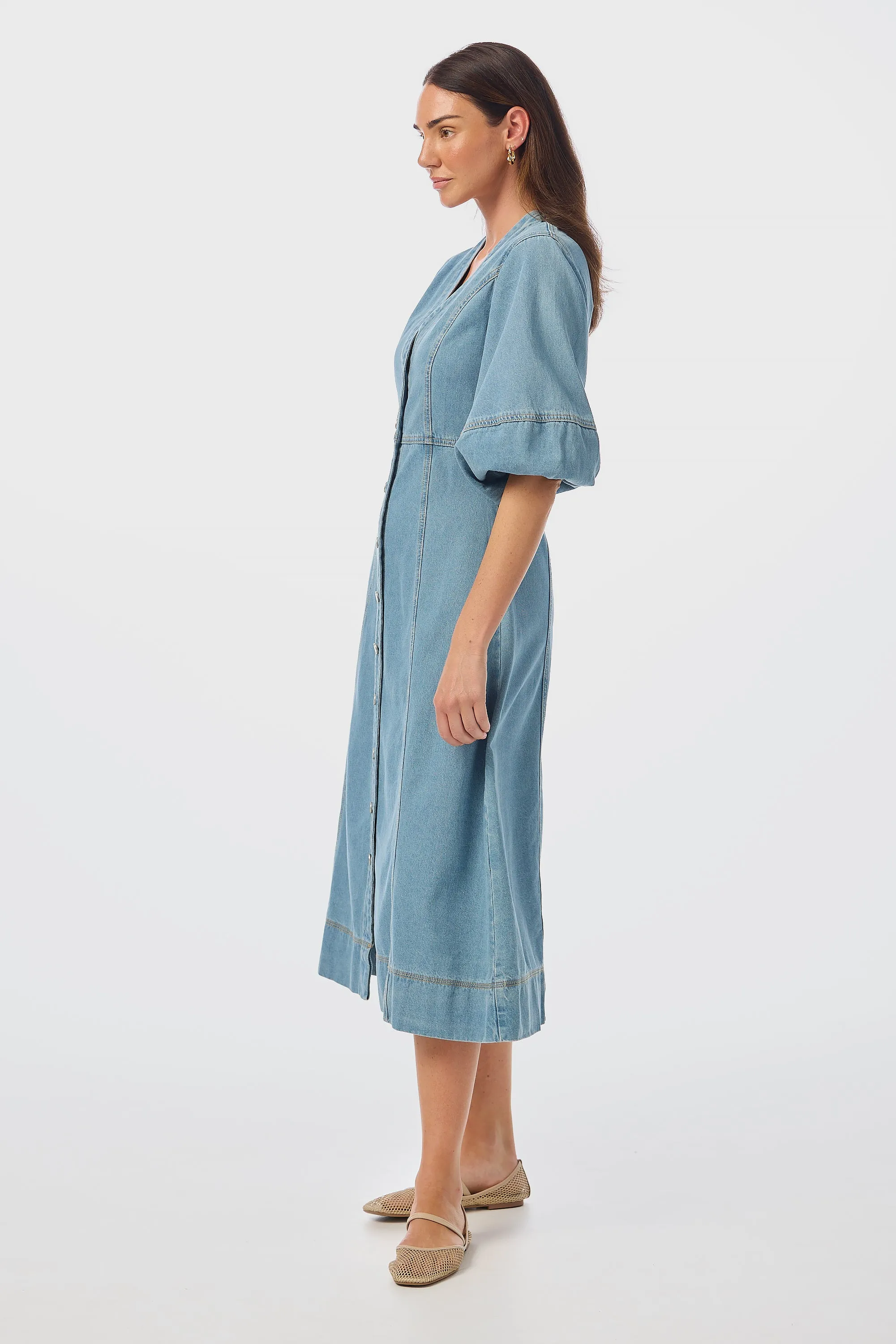 Lantern Sleeve Midi Dress - Mid Blue Wash