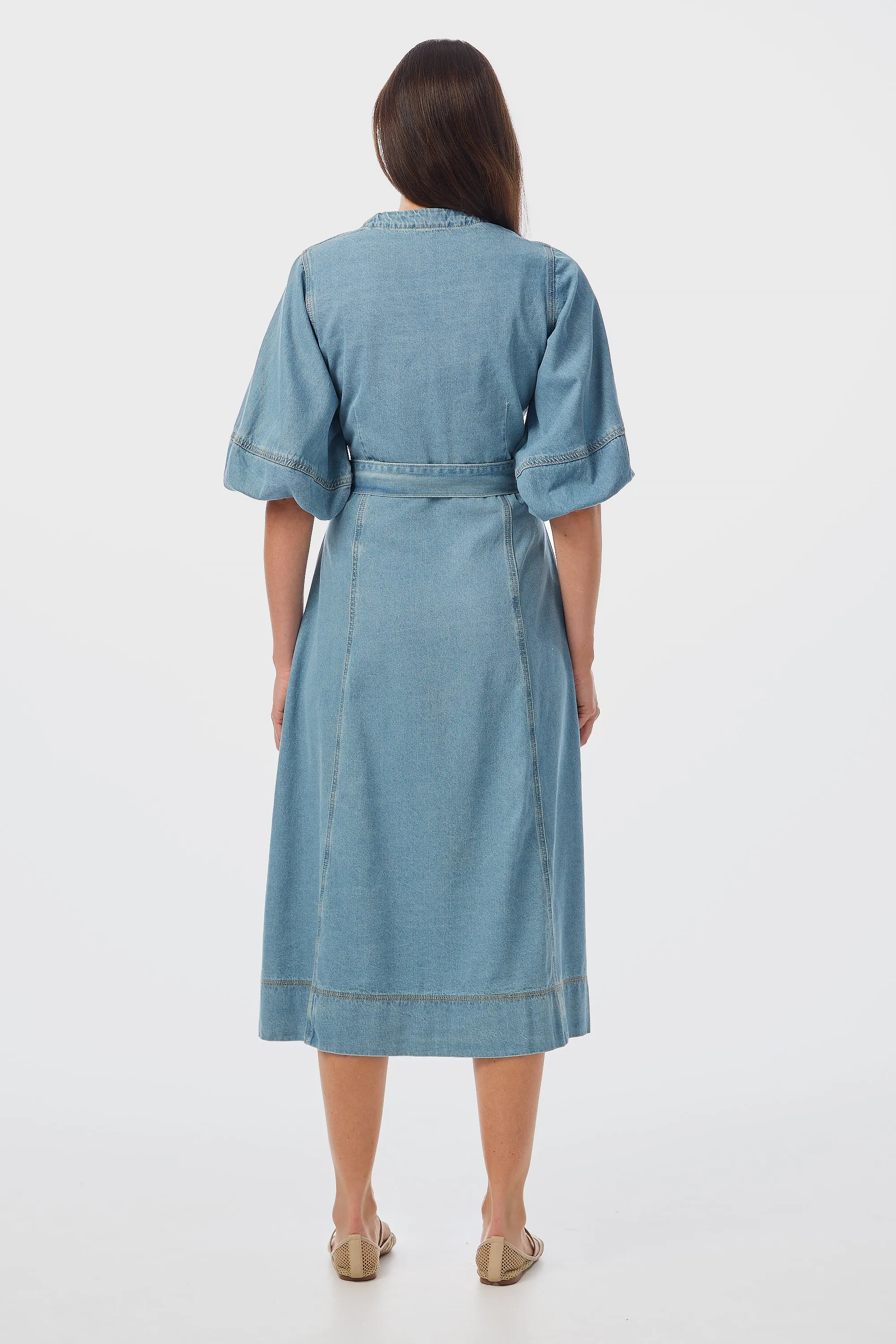 Lantern Sleeve Midi Dress - Mid Blue Wash