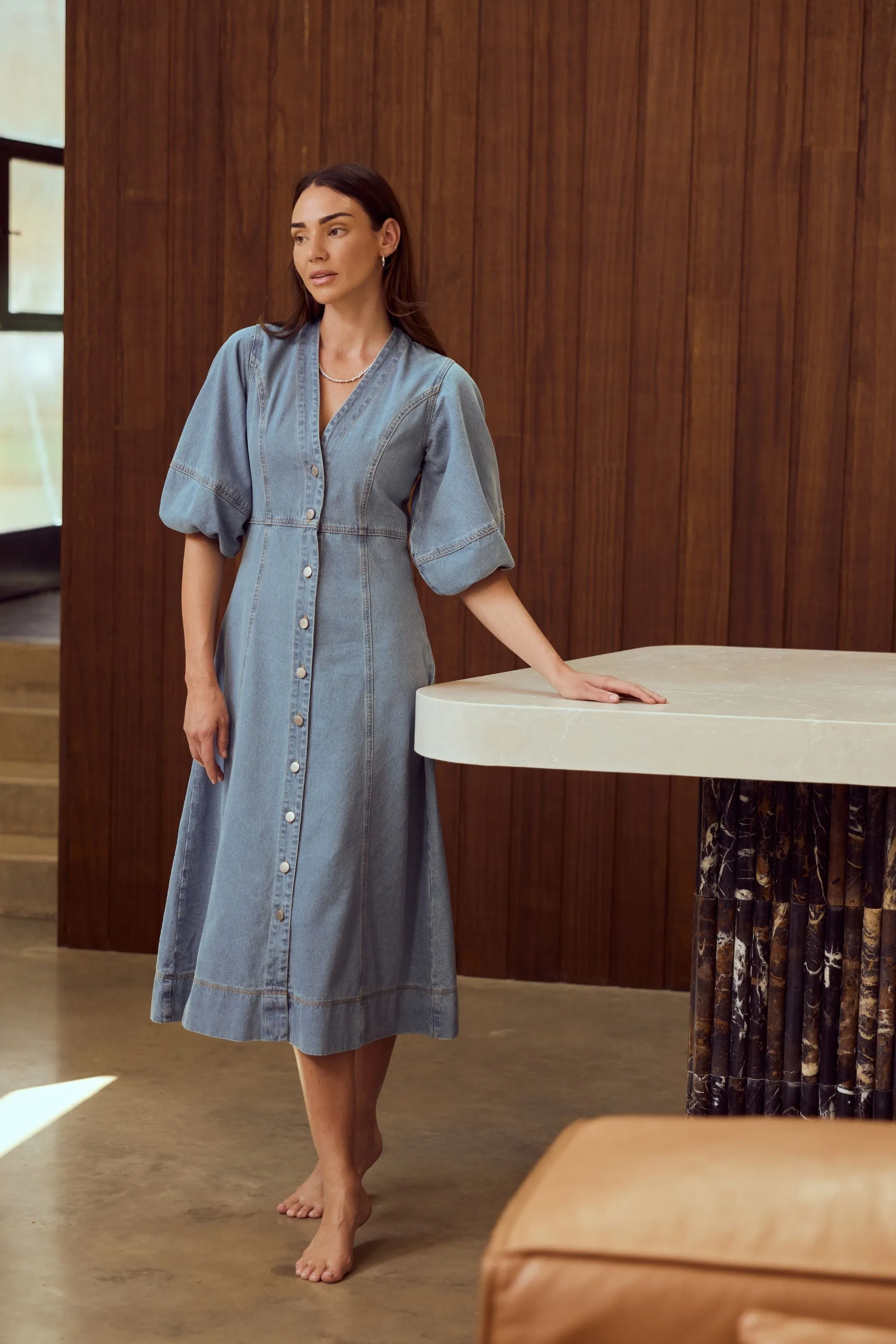 Lantern Sleeve Midi Dress - Mid Blue Wash