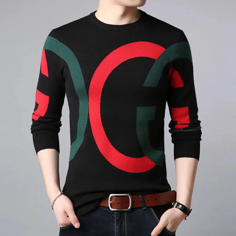 Light Luxury Men's Knitted Pullover Autumn/Winter New Letter Embroidery Long Sleeve Korean Trend Casual Fashion Warm Men Sweater