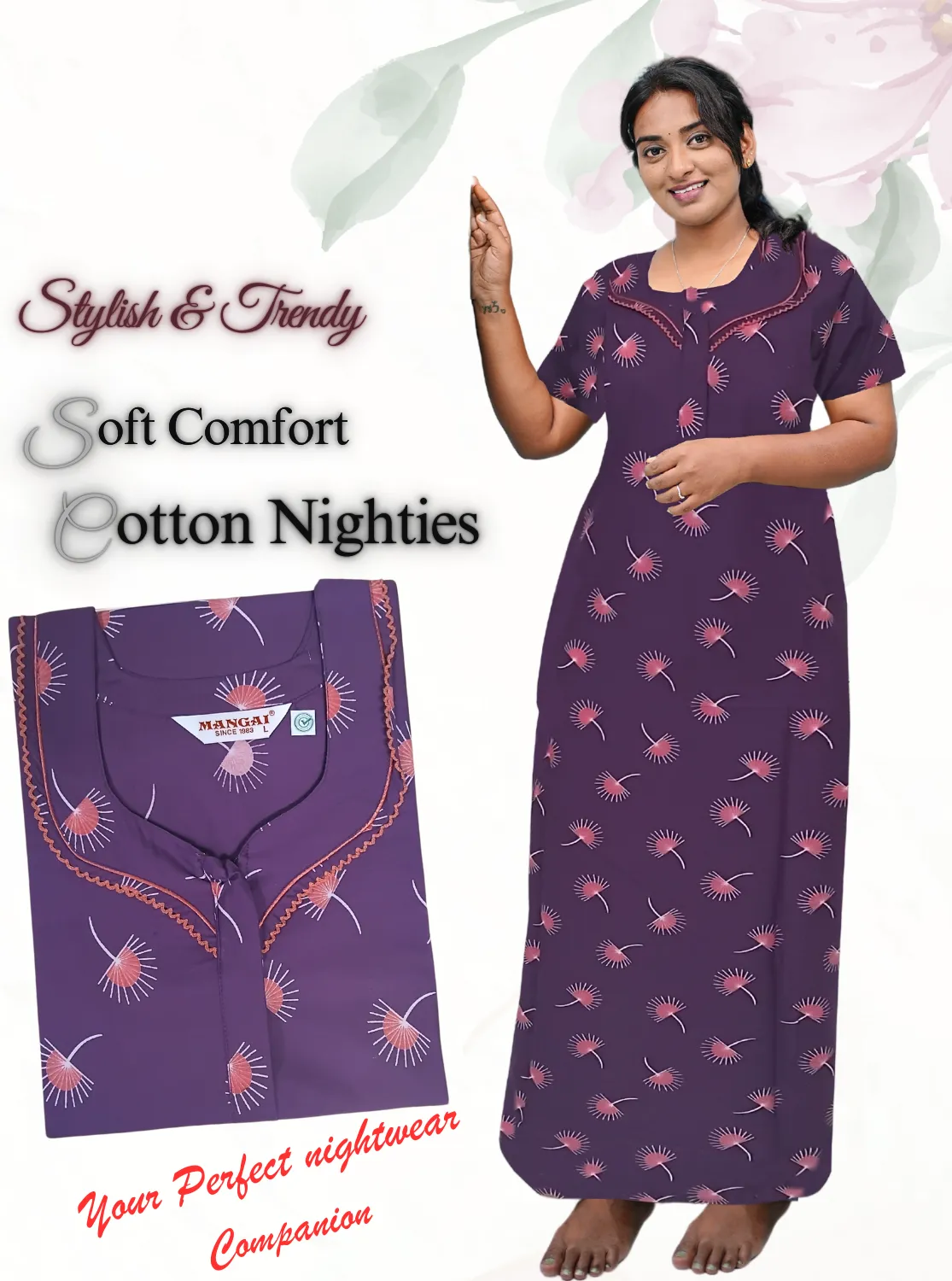 MANGAI New Regular Fit Cotton Printed Nighties - All Over Printed Stylish Nightwear for Stylish Women | Side Cut Pocket | Beautiful Nighties for Stylish Women's | Colorful Printed Cotton Nighties (CTCC)