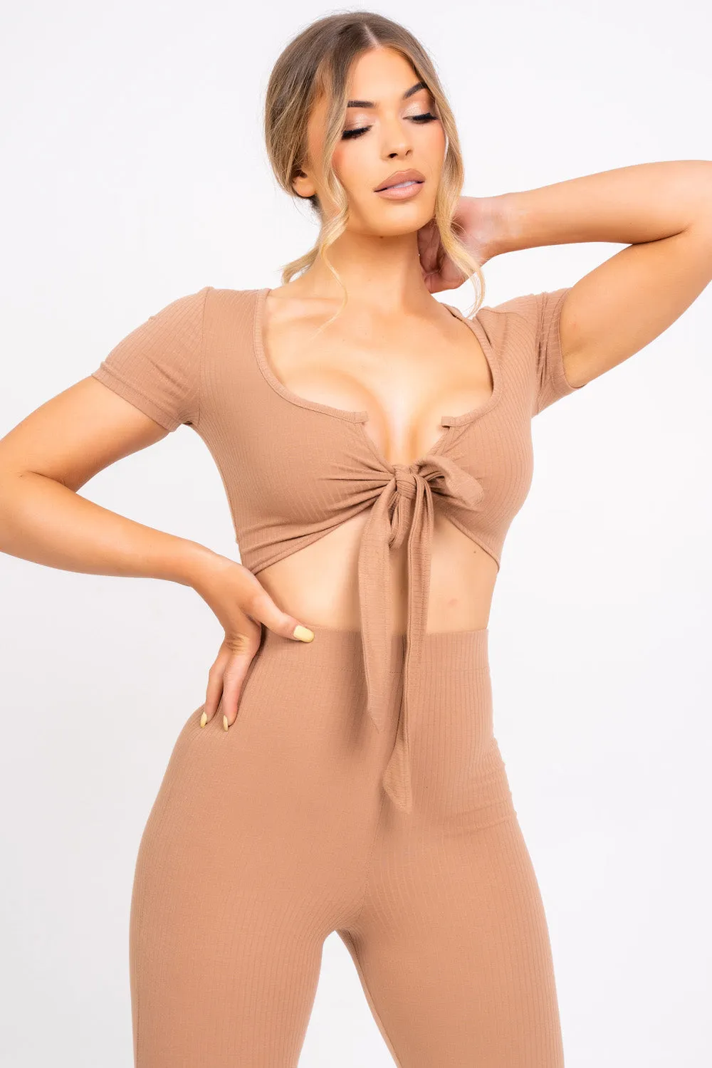 Never Endin' Sand Ribbed Two Piece Tie Front Top High Rise Flare Wide Trousers Co-ord Set