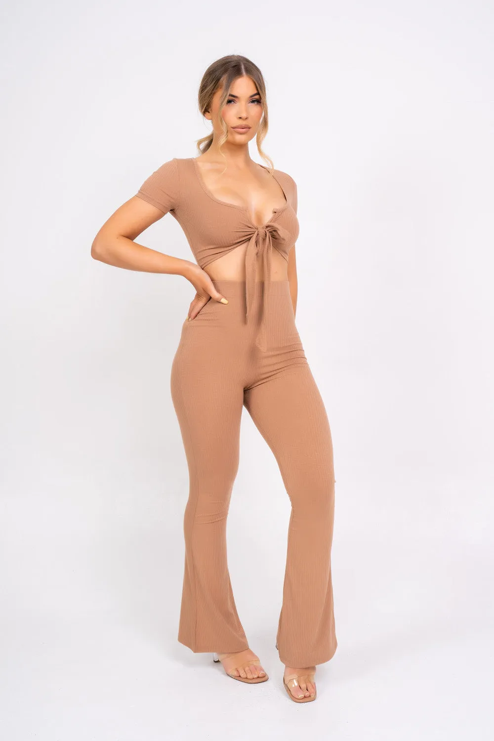 Never Endin' Sand Ribbed Two Piece Tie Front Top High Rise Flare Wide Trousers Co-ord Set