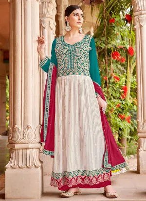 Off White And Teal Embroidery Anarkali Style Palazzo Suit