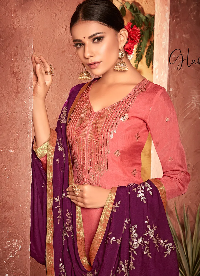 Peach And Purple Traditional Sequence Embroidery Palazzo Suit