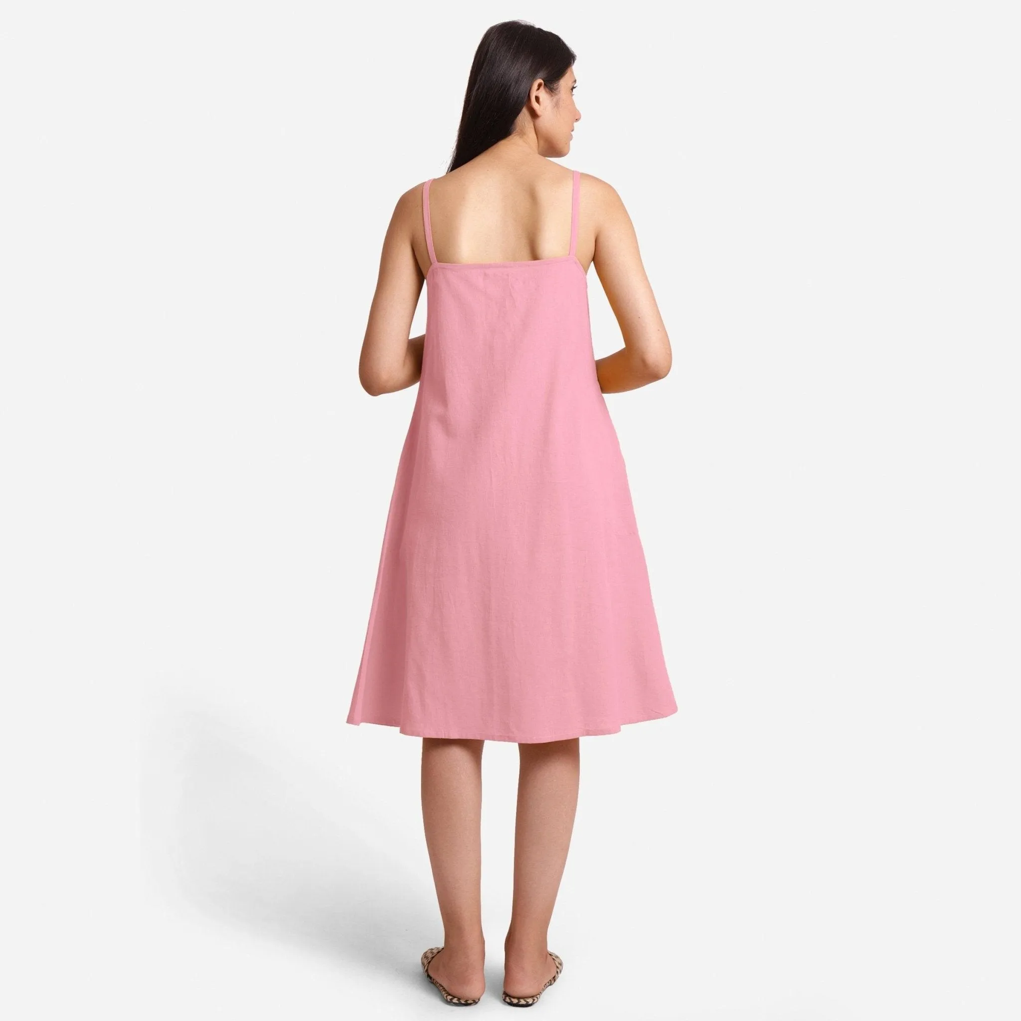 Pink Cotton Flax Strappy Knee Length Slit Dress