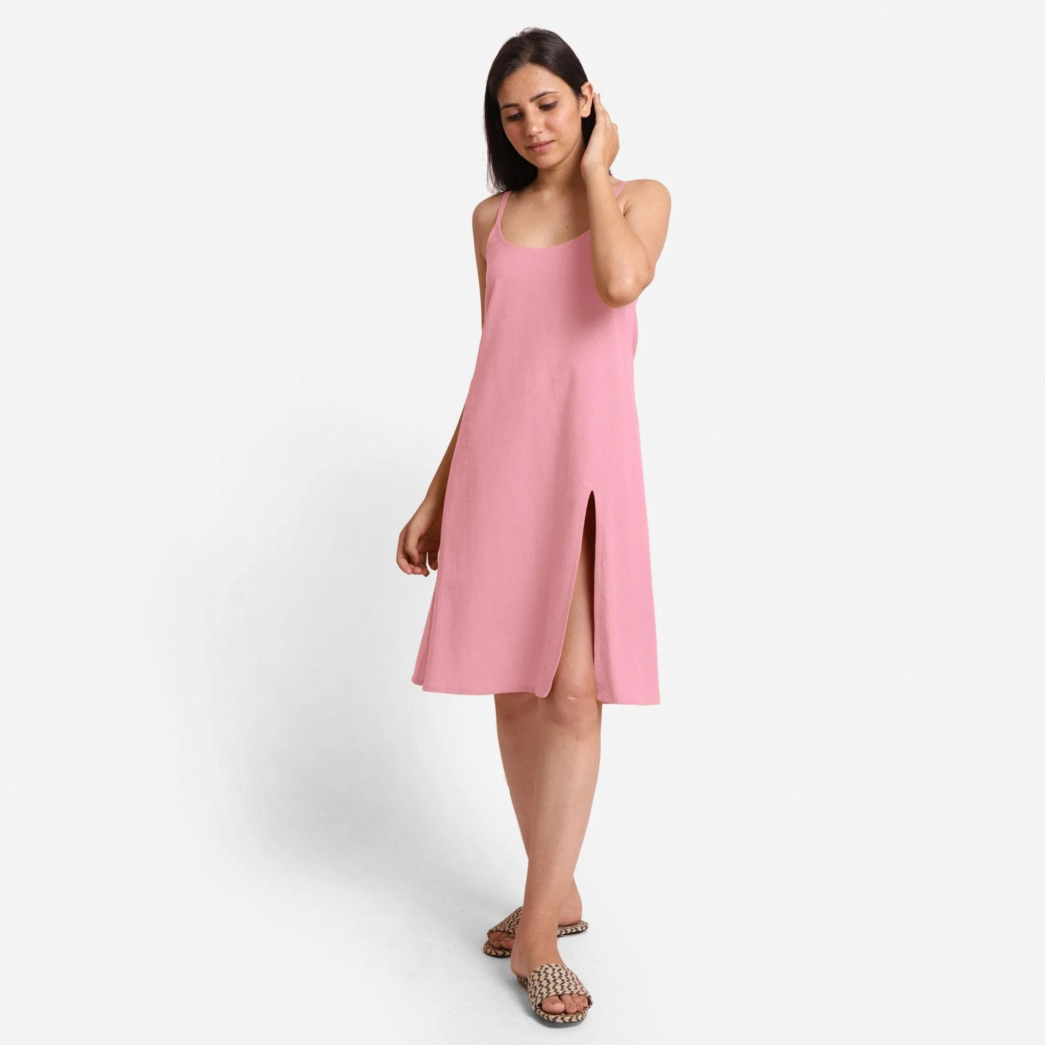 Pink Cotton Flax Strappy Knee Length Slit Dress