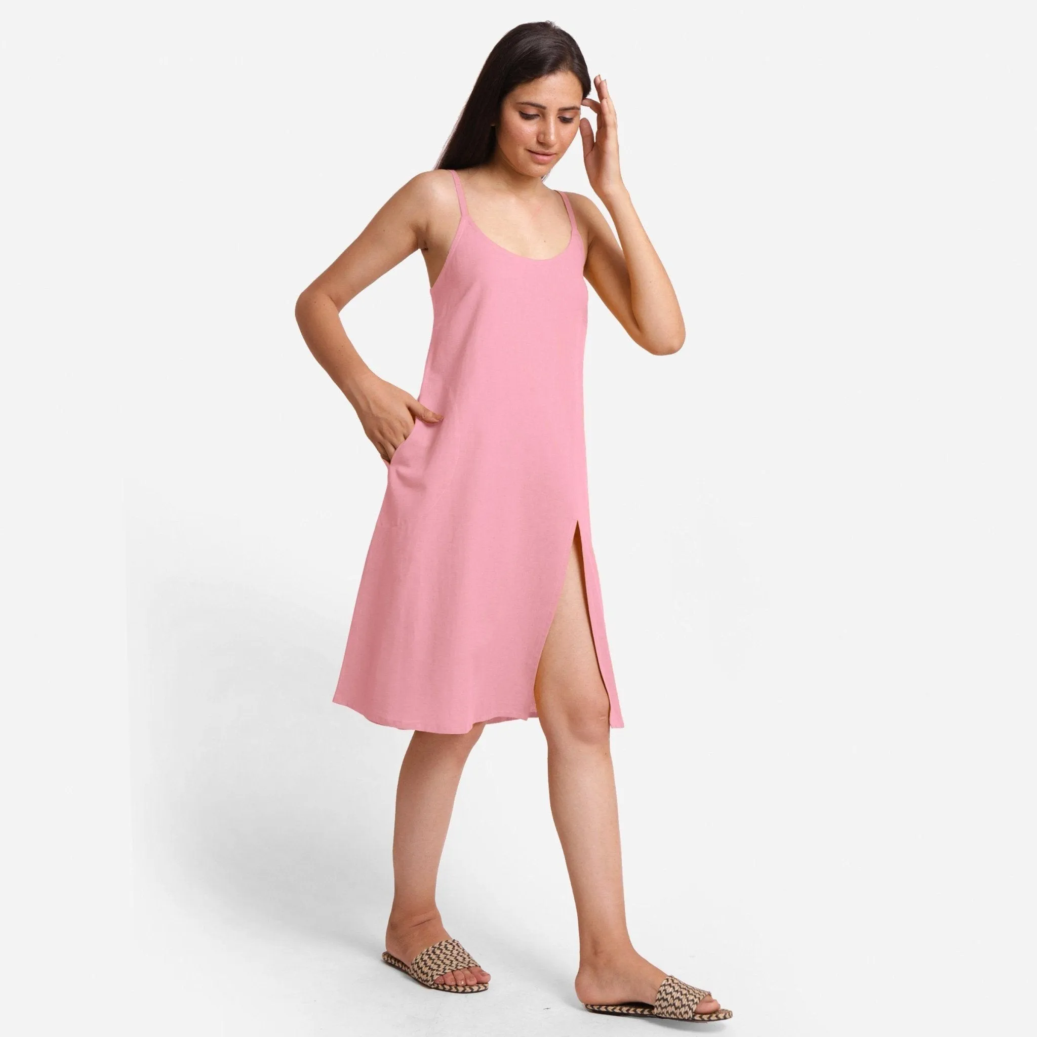 Pink Cotton Flax Strappy Knee Length Slit Dress