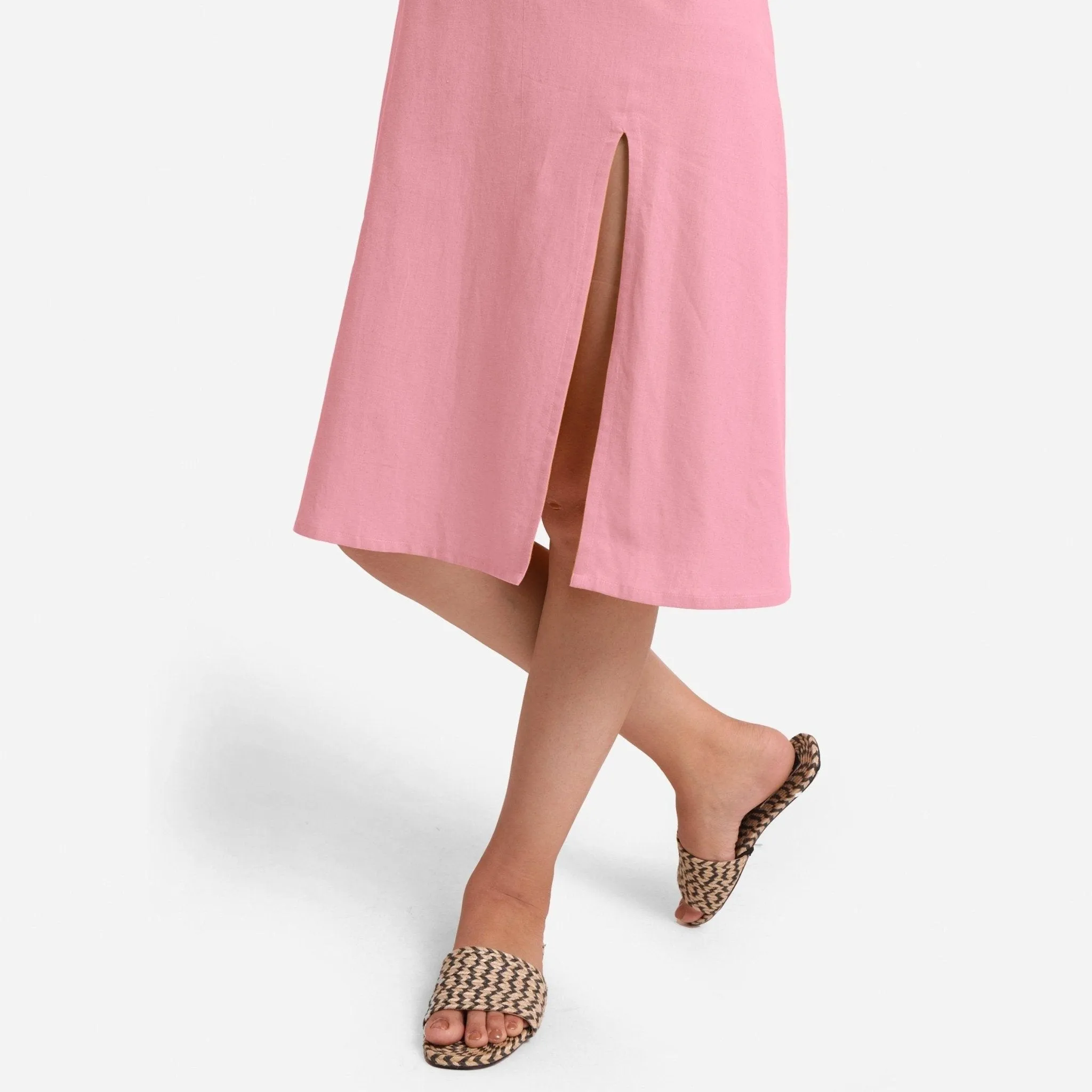 Pink Cotton Flax Strappy Knee Length Slit Dress