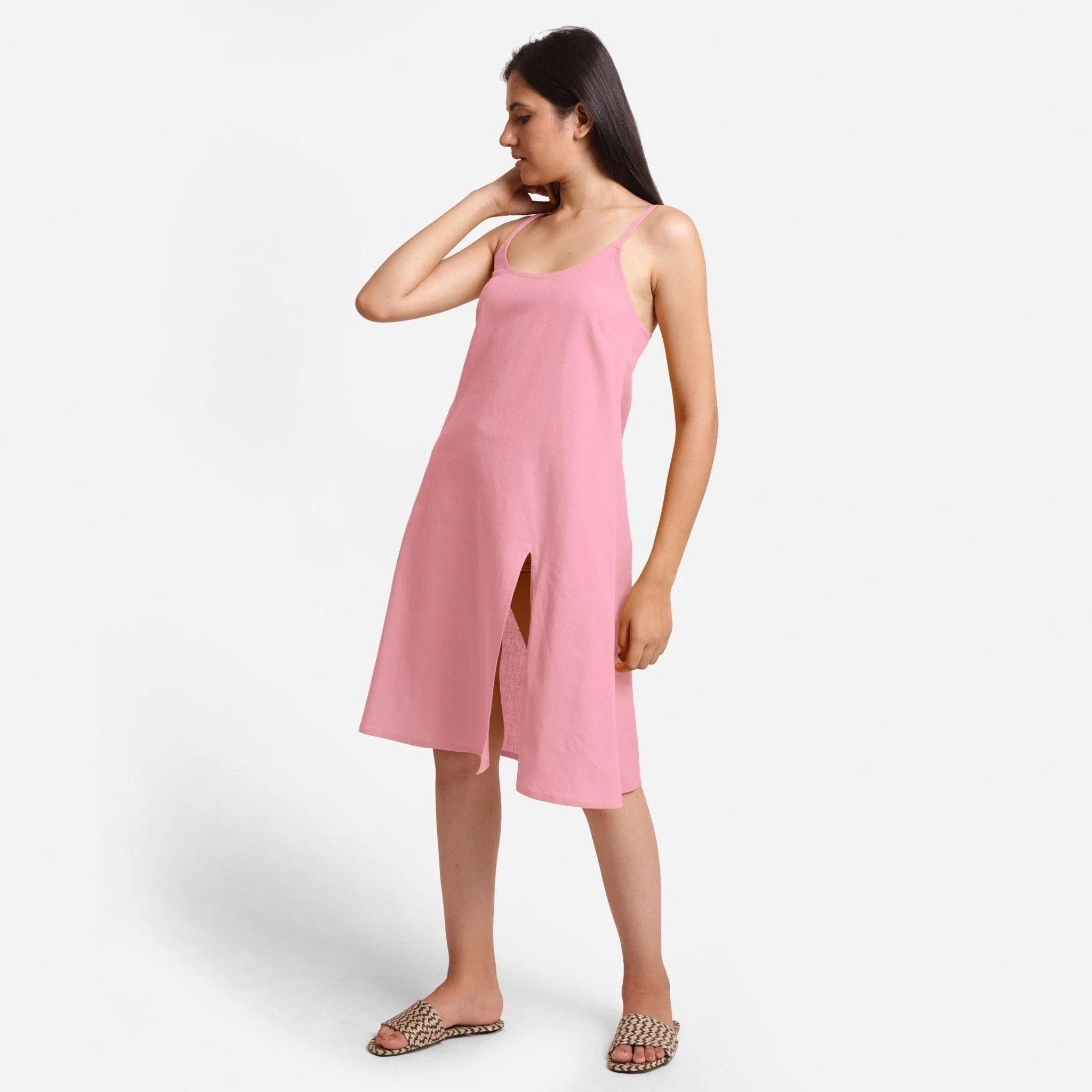 Pink Cotton Flax Strappy Knee Length Slit Dress