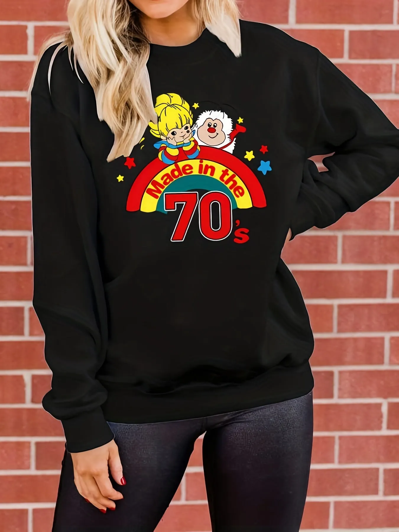 "70's" Letter and Rainbow Cartoon Print Long Sleeve Crew Neck Medium Stretch Pullover Sweatshirt, Casual Tops For Fall & Winter, Women's Clothing