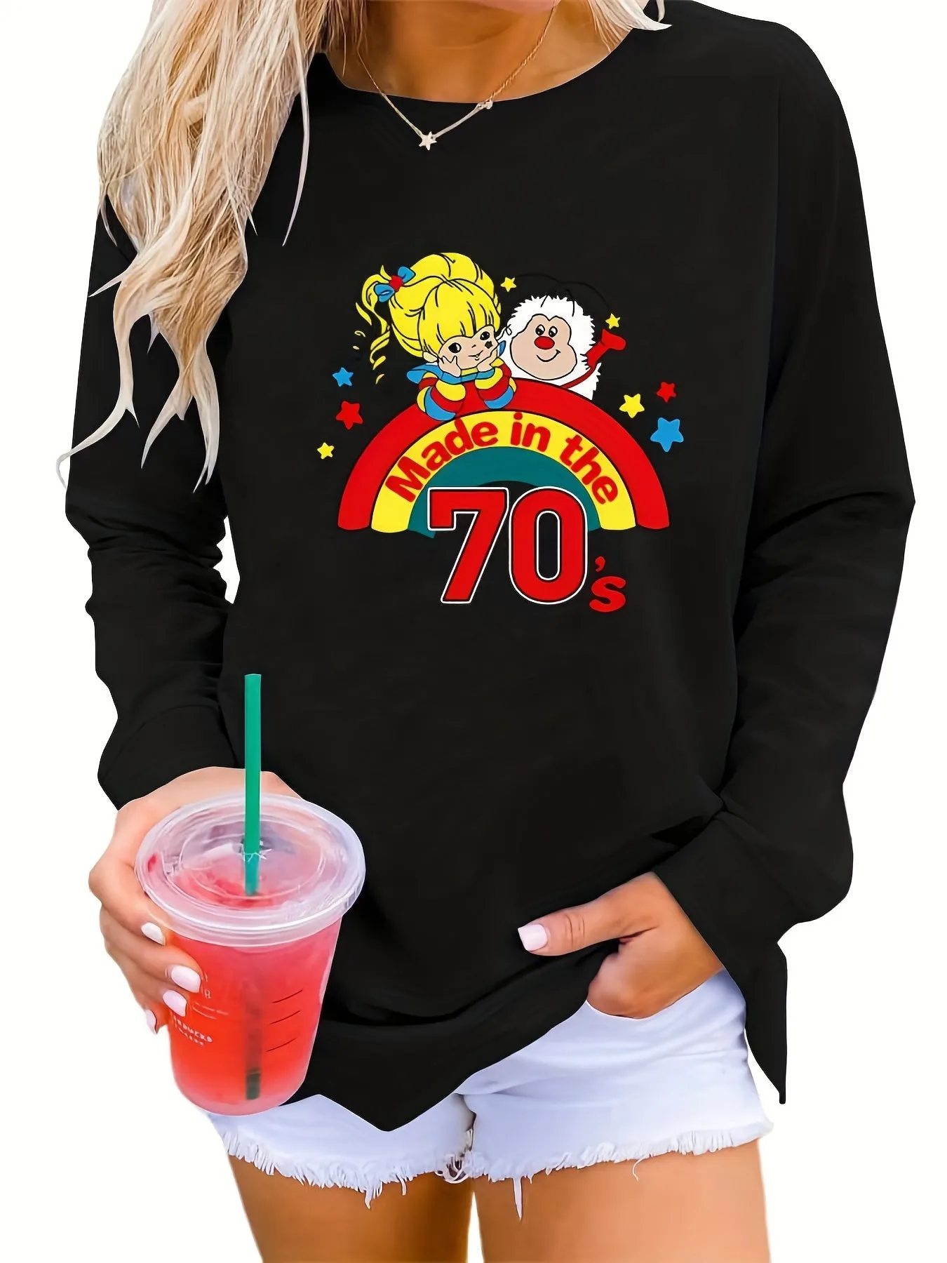 "70's" Letter and Rainbow Cartoon Print Long Sleeve Crew Neck Medium Stretch Pullover Sweatshirt, Casual Tops For Fall & Winter, Women's Clothing